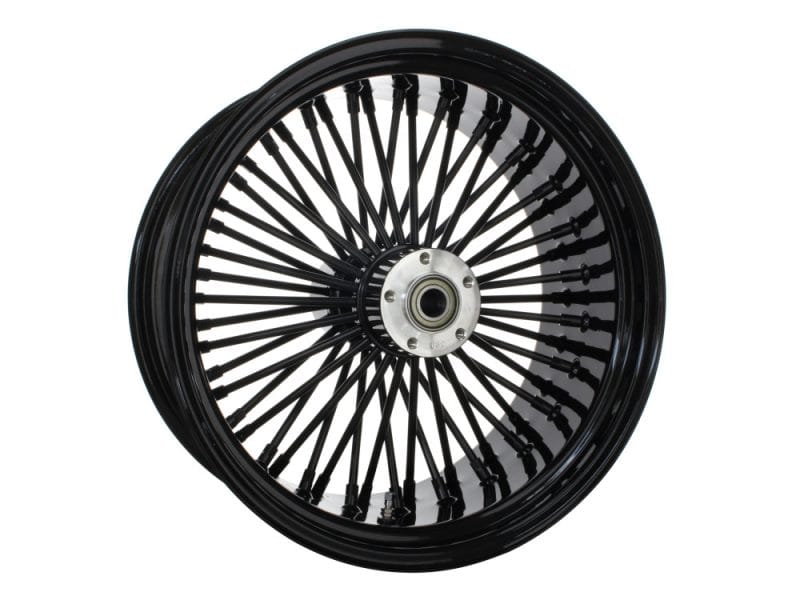Black wire-spoked motorcycle wheel for Harley Davidson.