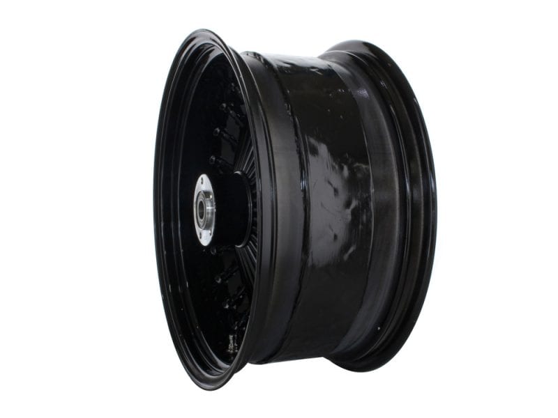 Black motorcycle wheel rim suitable for custom bikes and cruisers.