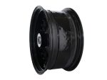 Black motorcycle wheel with hub for Revelry Motorcycles, ideal for custom bike builds.