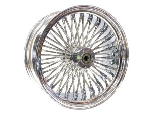 Shiny chrome wire-spoked motorcycle wheel for classic bikes.