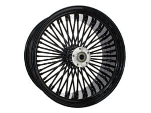 High-performance black motorcycle wire-spoked wheel for custom bikes at Revelry Motorcycles.