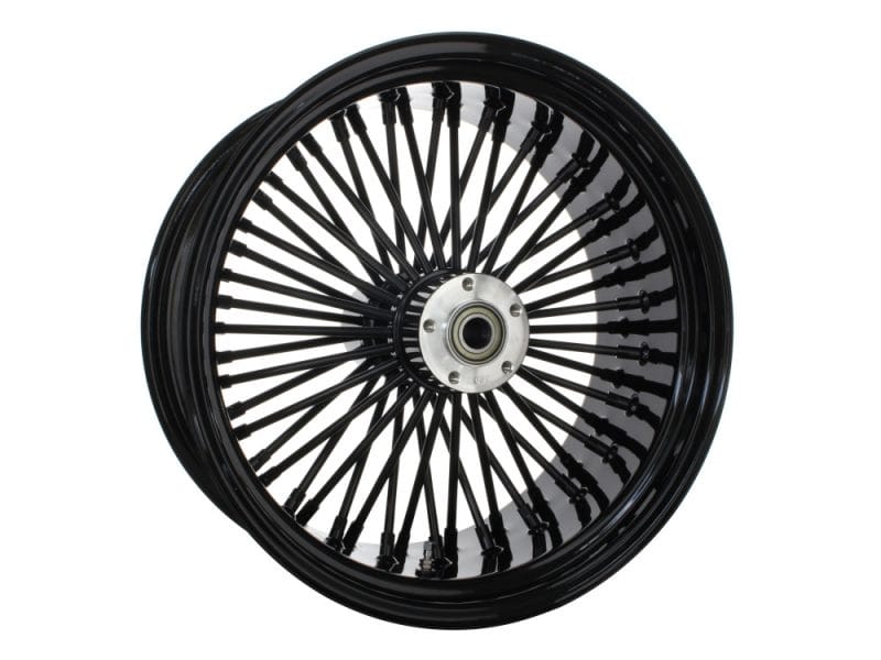 18in. x 8.5in. Mammoth Fat Spoke Rear Wheel - Gloss Black. Fits Breakout High-performance black motorcycle wire-spoked wheel for custom bikes at Revelry Motorcycles.