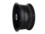Black motorcycle wheel with hub and spokes for custom bikes.
