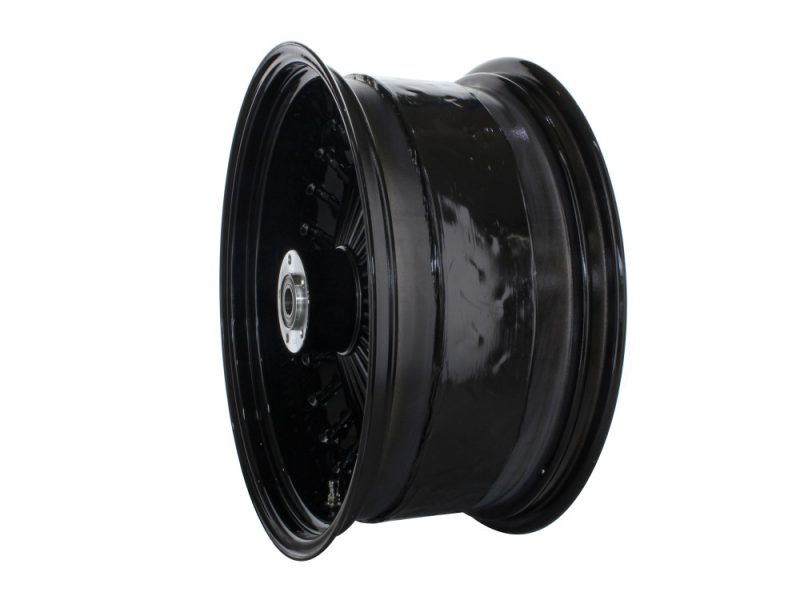 Black motorcycle wheel with hub and spokes for custom bikes.