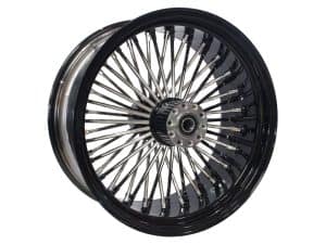 Ali wheel with black rim and chrome spokes for motorcycles.