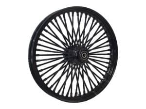 Black motorcycle spoked wheel for custom bikes and builds.