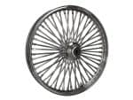Shiny chrome motorcycle wheel with spokes for custom Harley Davidson bikes.