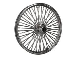 Shiny chrome motorcycle wheel with spokes for custom Harley Davidson bikes.