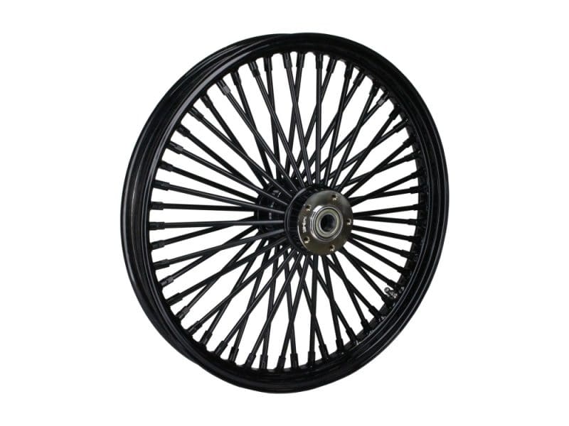 21in. x 2.15in. Mammoth Fat Spoke Front Wheel - Gloss Black. Fits FX Softail 2011-2015. Black motorcycle wheel with spokes for Revelry Motorcycles.