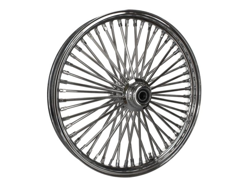 Shiny chrome motorcycle spoked wheel for Revelry Motorcycles, Australian online shop.
