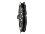 High-performance motorcycle wheel with alloy rim for custom Revelry Motorcycles builds.