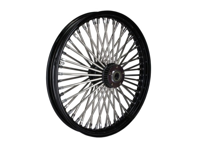 21in. x 2.15in. Mammoth Fat Spoke Front Wheel - Gloss Black & Chrome. Fits Rocker 2008-2011 & Sportster 2008-2021 High-performance motorcycle wheel with chrome spokes for Revelry Motorcycles Australia.