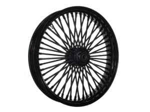 Black motorcycle wheel with wire spokes, suitable for custom Harley Davidson bikes.