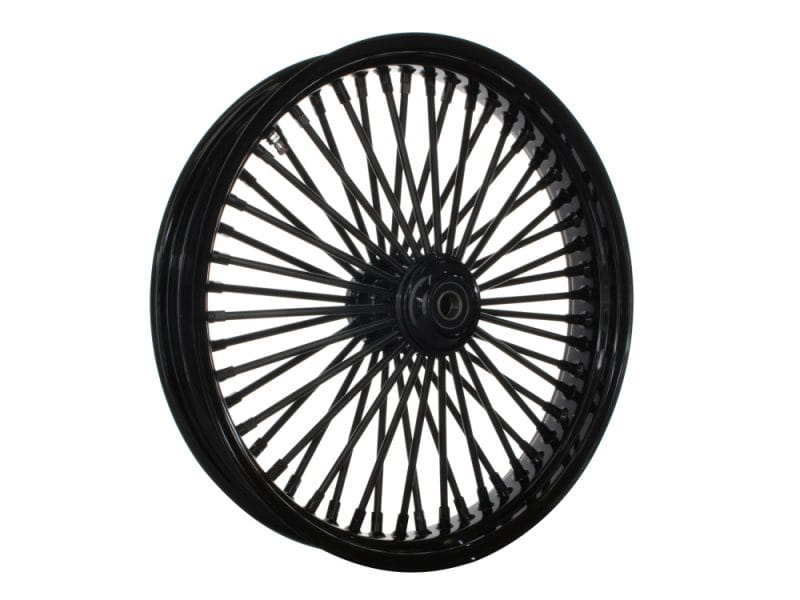 Black motorcycle wheel with wire spokes, suitable for custom Harley Davidson bikes.