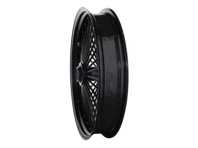 Dark black motorcycle wheel with spokes, ideal for Revelry Motorcycles custom builds.