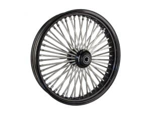 High-performance motorcycle wheel with silver spokes and black rim for custom Revelry Motorcycles in Australia.
