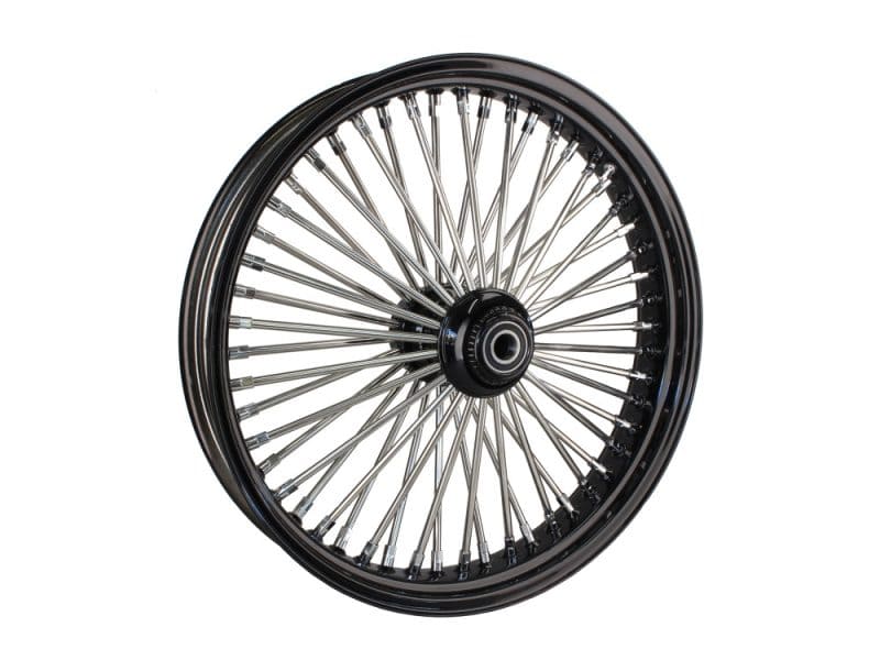 High-performance motorcycle wheel with silver spokes and black rim for custom Revelry Motorcycles in Australia.