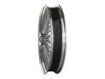 Chrome motorcycle wheel rim with black rubber tyre for vintage bikes.