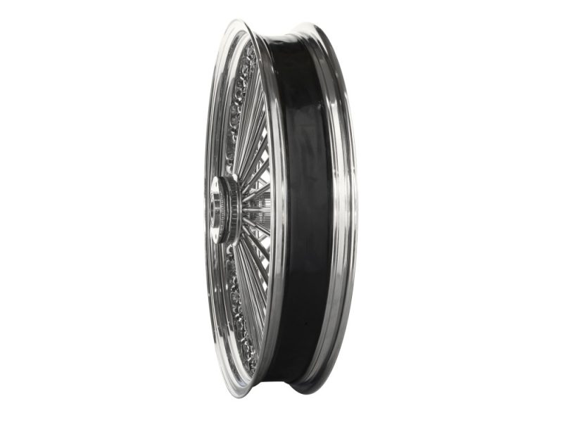 Chrome motorcycle wheel rim with black rubber tyre for vintage bikes.