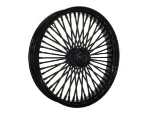 High-quality black motorcycle wheel with spokes for custom Revelry Motorcycles builds.