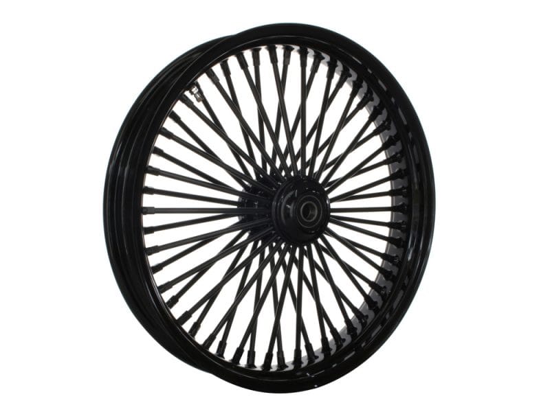 High-quality black motorcycle wheel with spokes for custom Revelry Motorcycles builds.