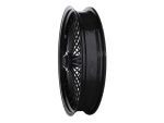 Black motorcycle wheel with spokes for custom cruisers and choppers.