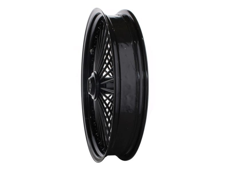 Black motorcycle wheel with spokes for custom cruisers and choppers.