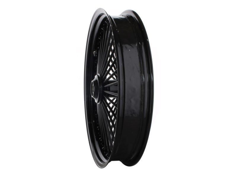 Black spoked motorcycle wheel for Revelry Motorcycles Australian bike customisation.