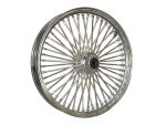 Polished motorcycle spoke wheel with metal rim for custom bikes.