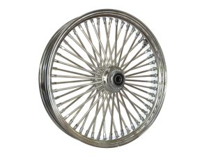Polished motorcycle spoke wheel with metal rim for custom bikes.