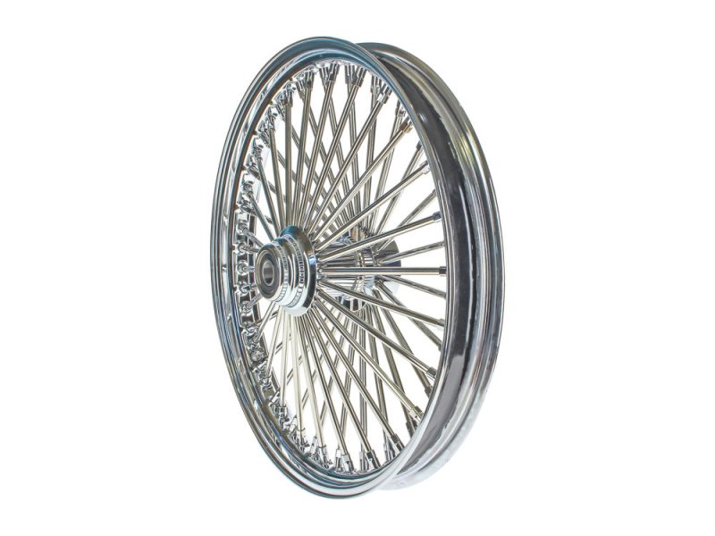 Polished chrome motorcycle wheel with spokes, perfect for custom Revelry Motorcycles builds.