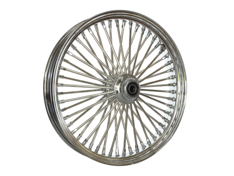 High-quality motorcycle wheel with chrome finish for custom bike builds.