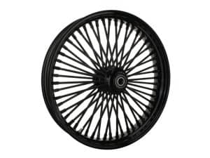 Black motorcycle wheel with spokes for Revelry Motorcycles.
