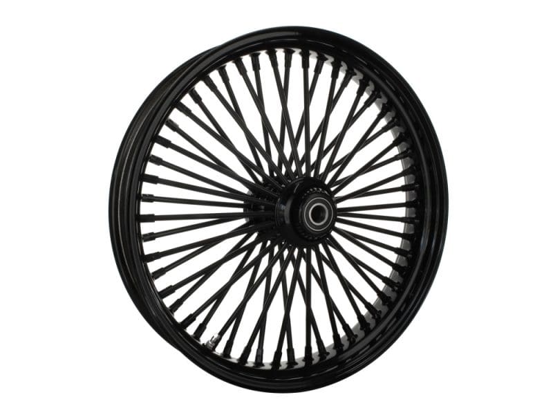 Black motorcycle wheel with spokes for Revelry Motorcycles.