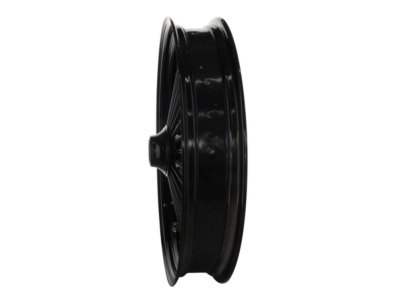 High-performance black motorcycle wheel for Revelry Motorcycles.