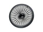 Black motorcycle spoked wheel.