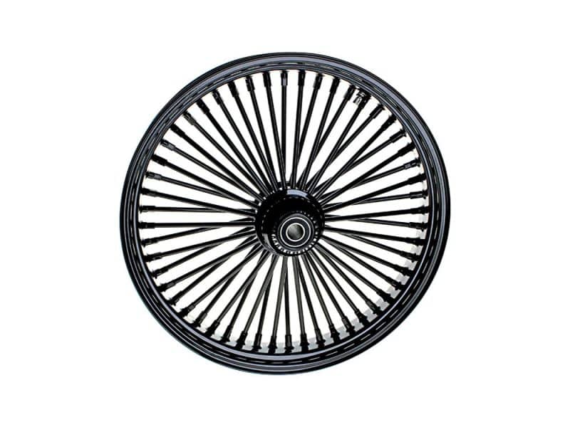 Black motorcycle spoked wheel.