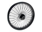 High-performance motorcycle wheel with metal spokes and black rim.