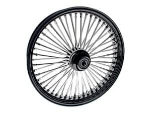 High-performance motorcycle wheel with metal spokes and black rim.