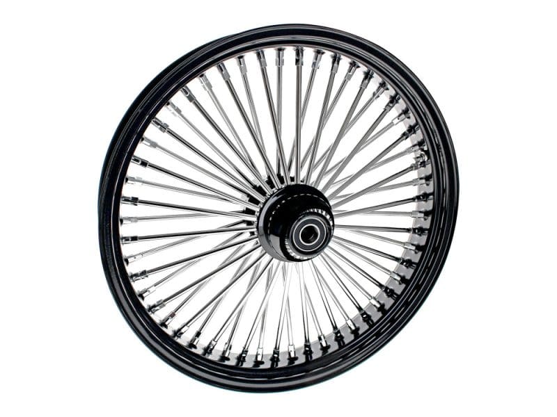 21in. x 3.5in. Mammoth Fat Spoke Front Wheel - Gloss Black & Chrome. Fits Fatboy 2018up High-performance motorcycle wheel with metal spokes and black rim.