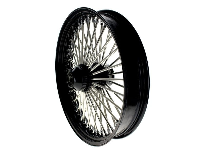 High-performance motorcycle wheel with black rim and chrome spokes for Revelry Motorcycles models.