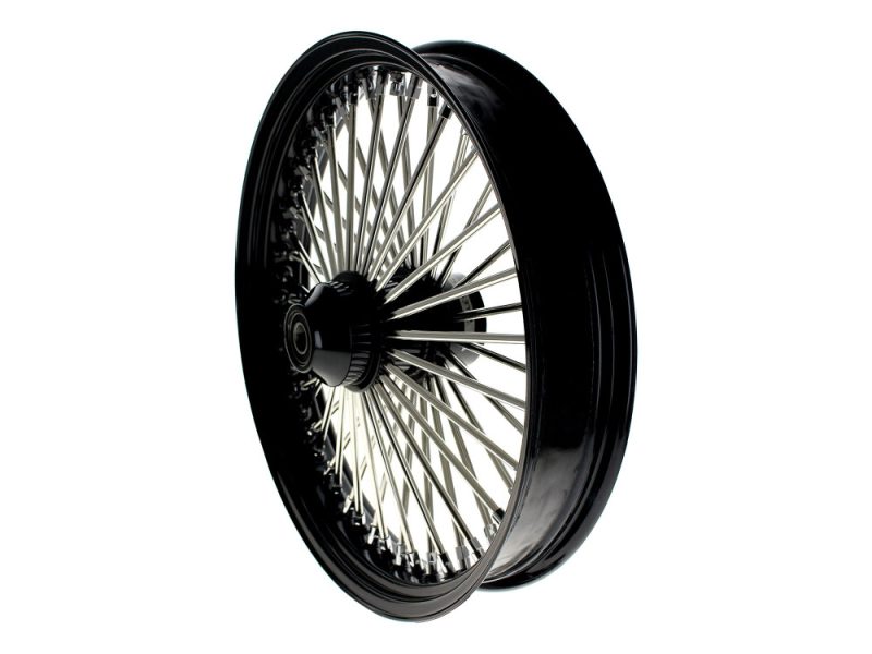 High-performance motorcycle wheel with black rim and chrome spokes for Revelry Motorcycles in Australia.
