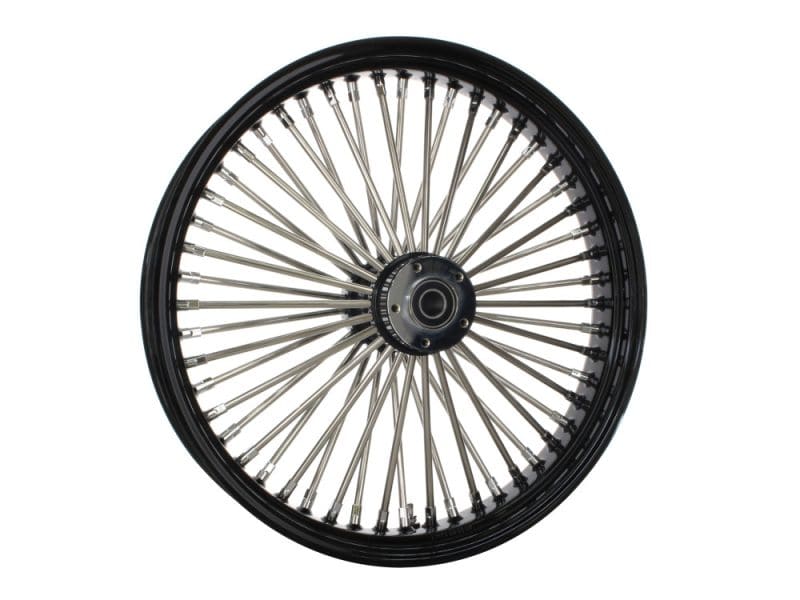 21in. x 3.5in. Mammoth Fat Spoke Front Wheel - Gloss Black & Chrome. Fits Touring 2008up High-performance motorcycle spoked wheel for Revelry Motorcycles in Australia.