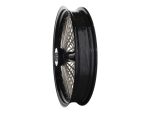 Beautiful black motorcycle wheel with chrome spokes for custom Revelry Motorcycles builds.