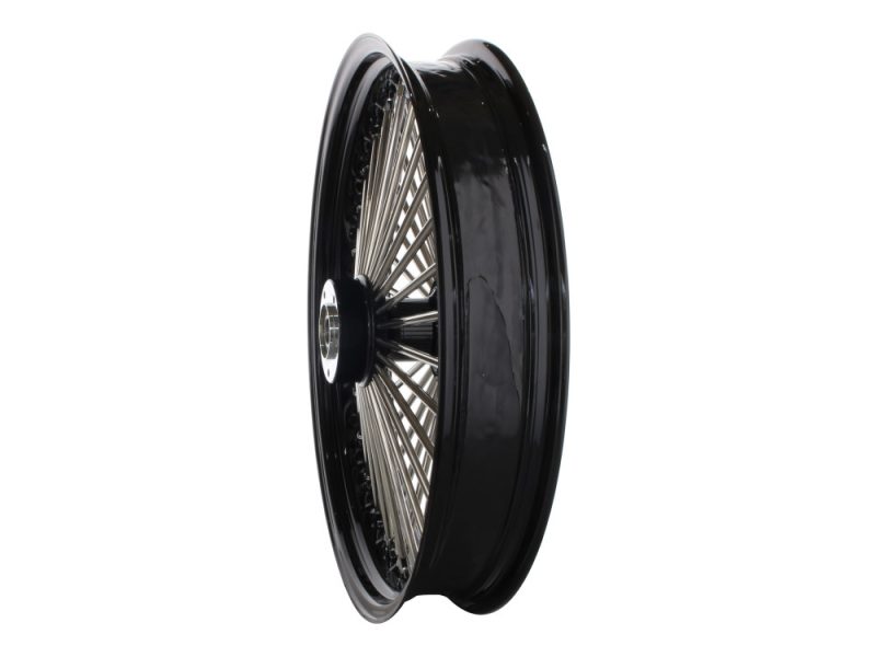 Beautiful black motorcycle wheel with chrome spokes for custom Revelry Motorcycles builds.
