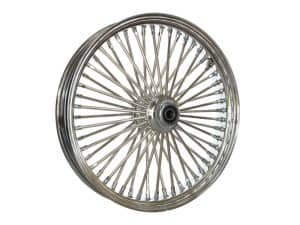 Shiny chrome motorcycle wheel with numerous spokes for vintage and custom bikes.