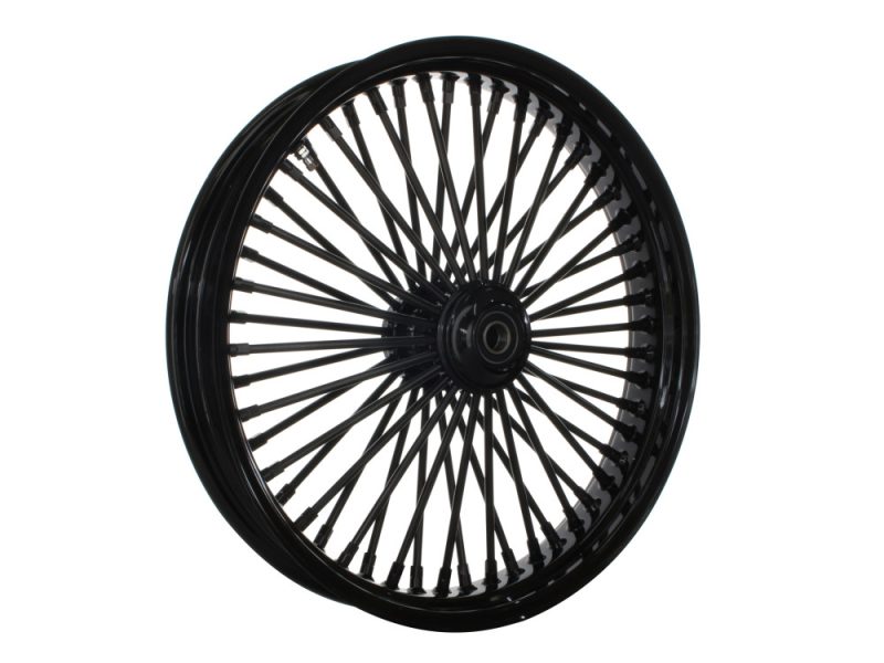High-quality black motorcycle wheel for custom bikes at Revelry Motorcycles.