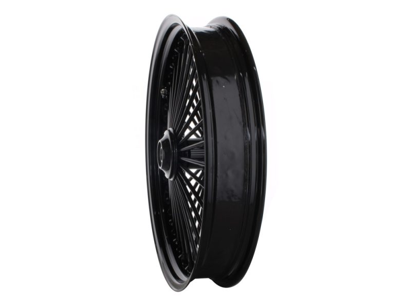 Black motorcycle wheel with spoked design for Revelry Motorcycles, custom motorcycle wheel part.