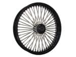 High-quality motorcycle wheel with metal spokes and black rim for custom bikes.