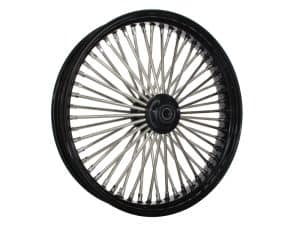 High-quality motorcycle wheel with metal spokes and black rim for custom bikes.
